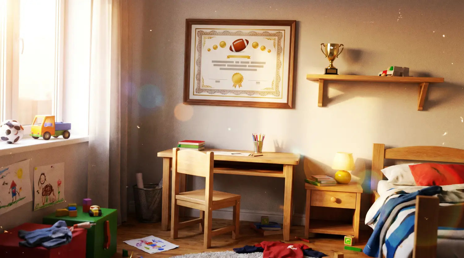 Diplôme de foot personnalisé encadré dans une chambre d'enfant avec trophée