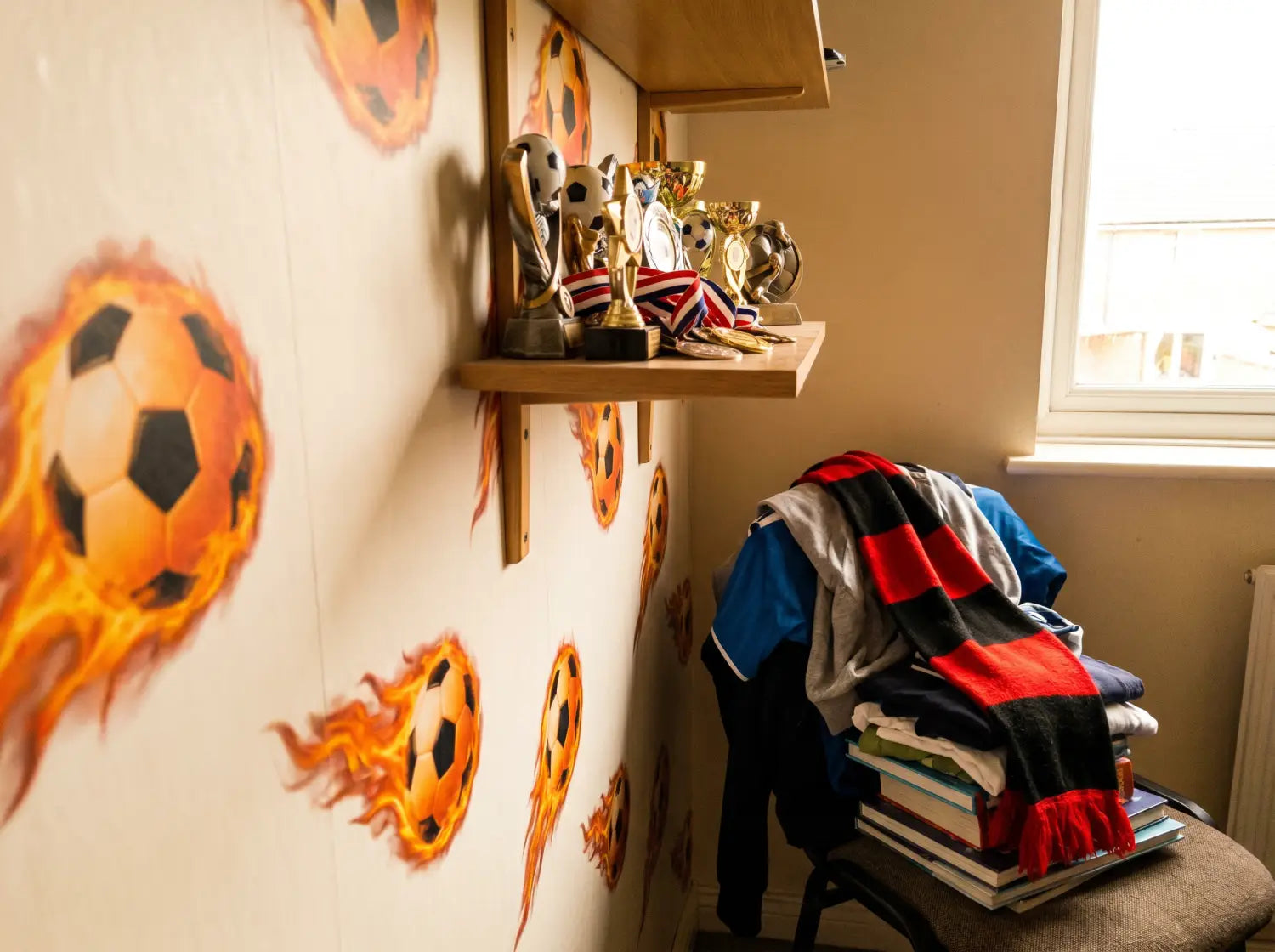 Mur de chambre ado avec silhouette de joueur de foot en éclairage néon bleu au-dessus d'un bureau