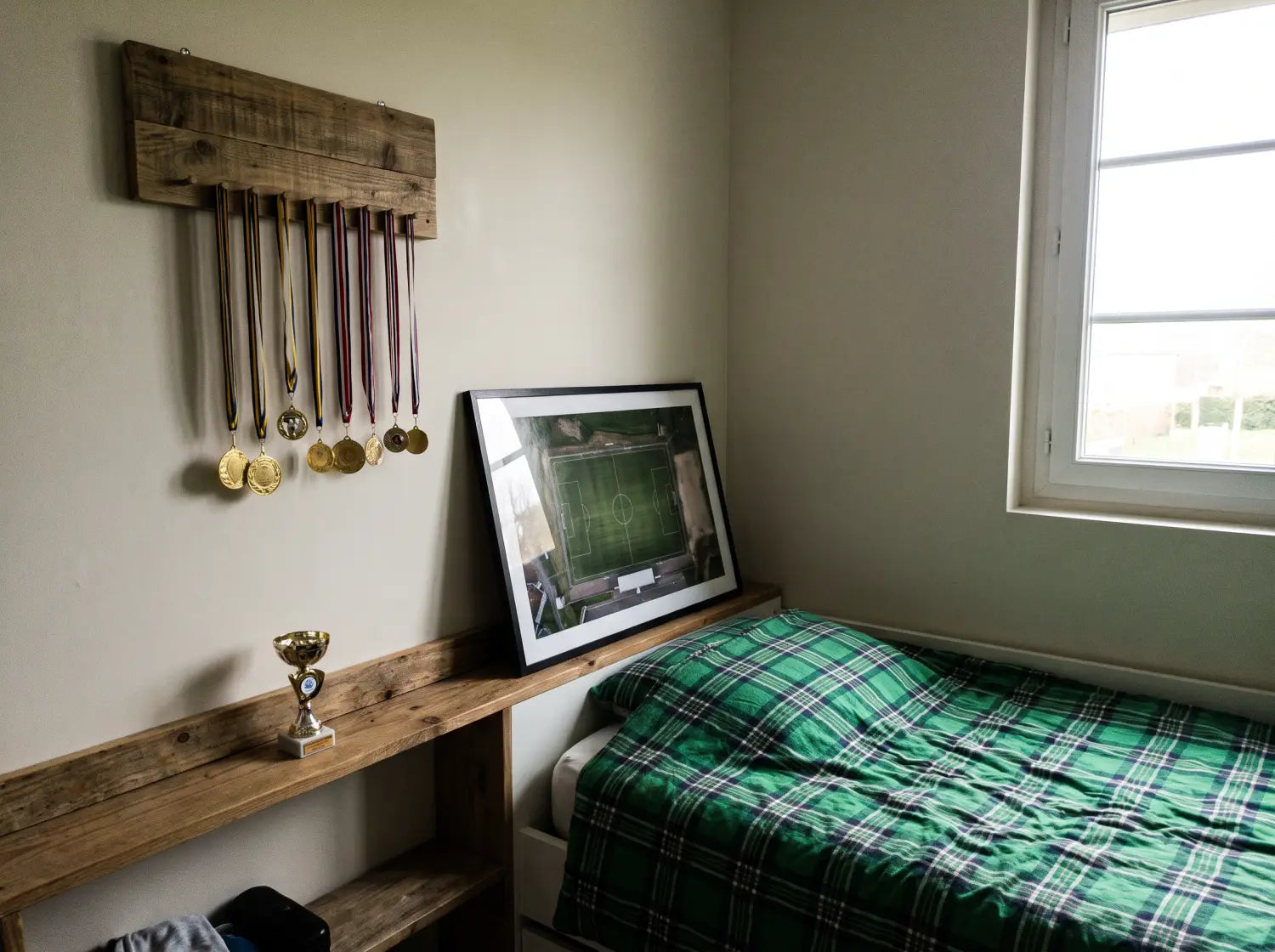 Coin chambre d'enfant avec médailles de foot accrochées au mur et trophée sur l'étagère
