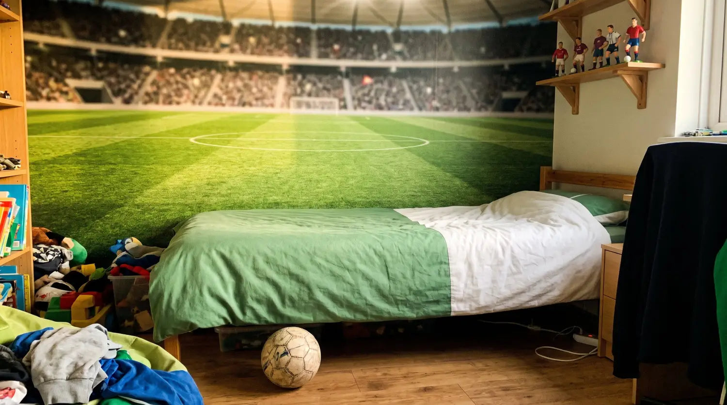 Chambre de garçon de 8 ans décorée sur le thème du foot avec papier peint de stade