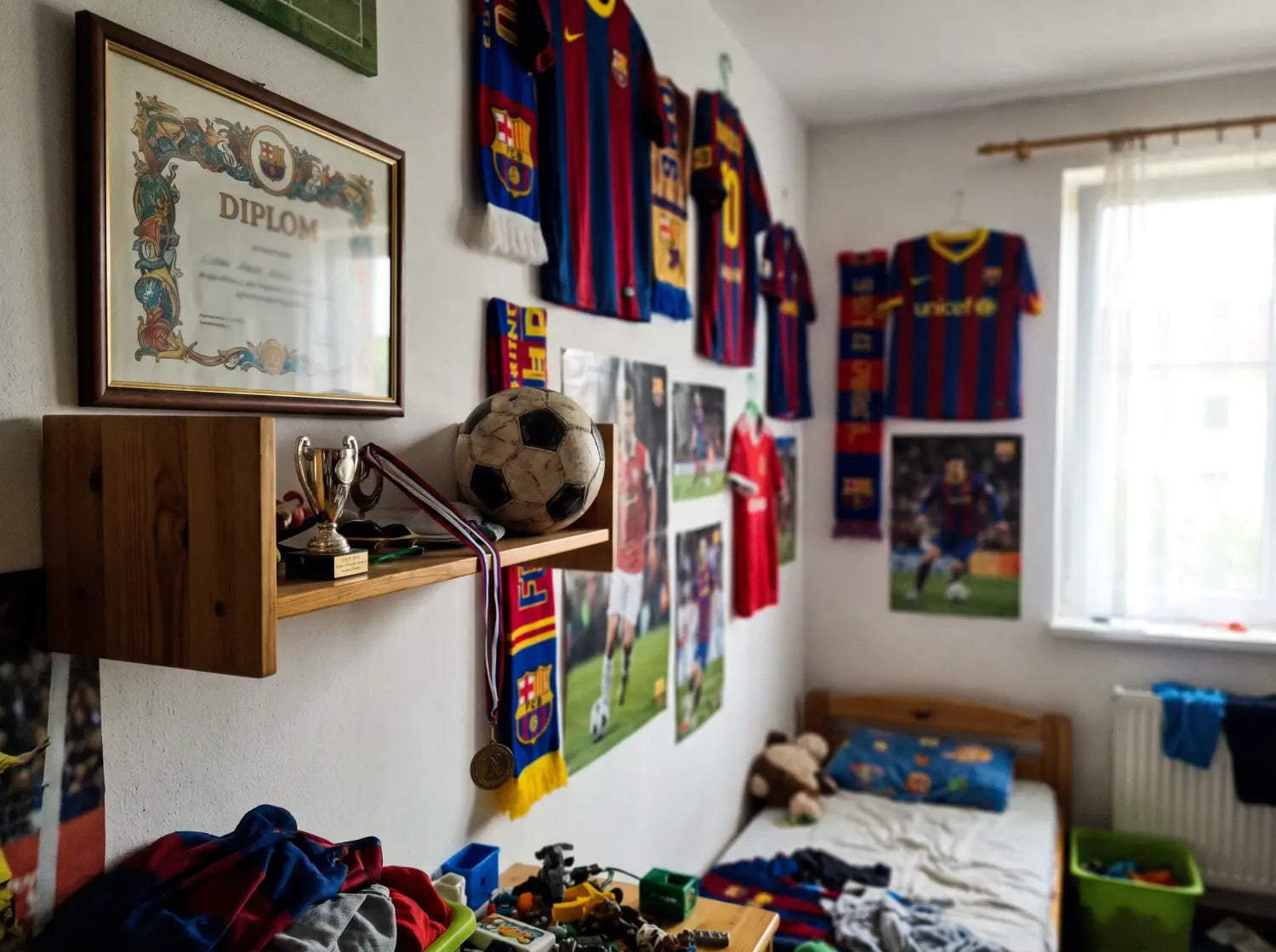 Diplôme encadré au mur d'une chambre d'enfant décorée sur le thème du football