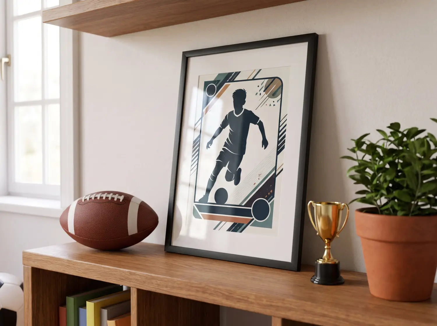 Carte de joueur de foot encadrée sur une étagère de chambre d'enfant