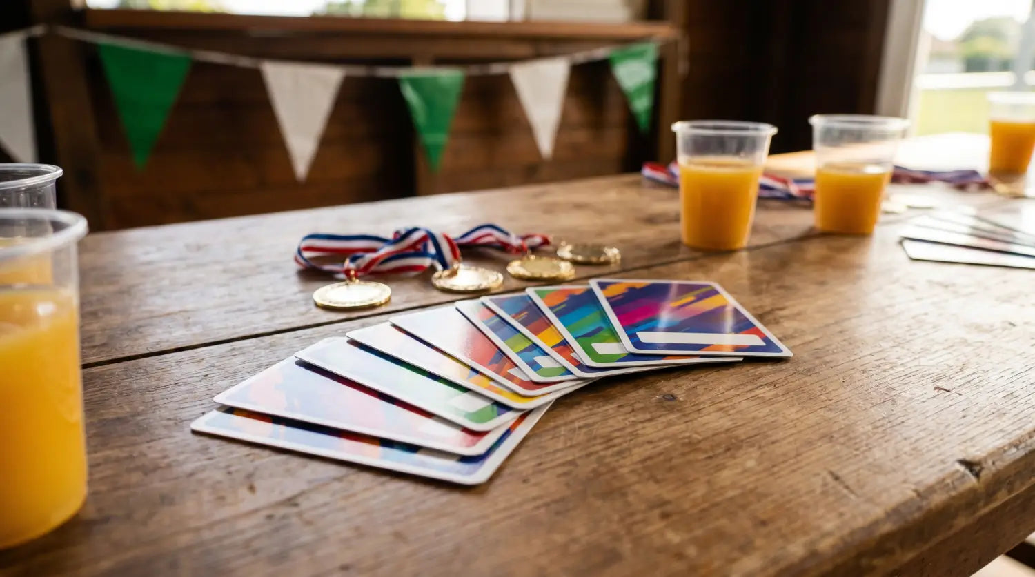Cartes de joueur personnalisées disposées sur une table de fête de fin de saison au club house