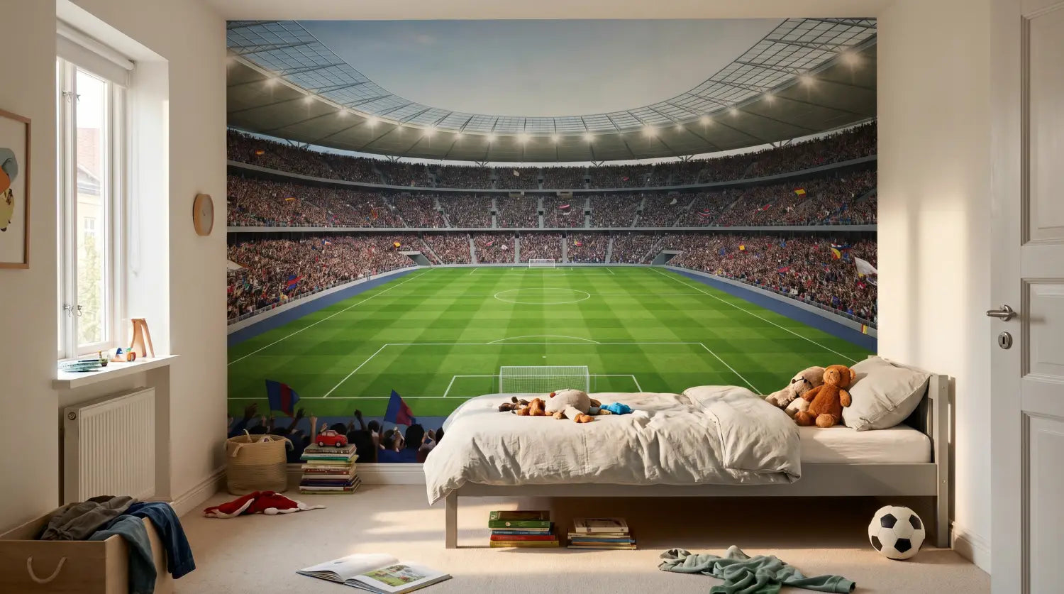 Tête de lit ornée d'un papier peint trompe-l'oeil tunnel d'entrée de stade de football