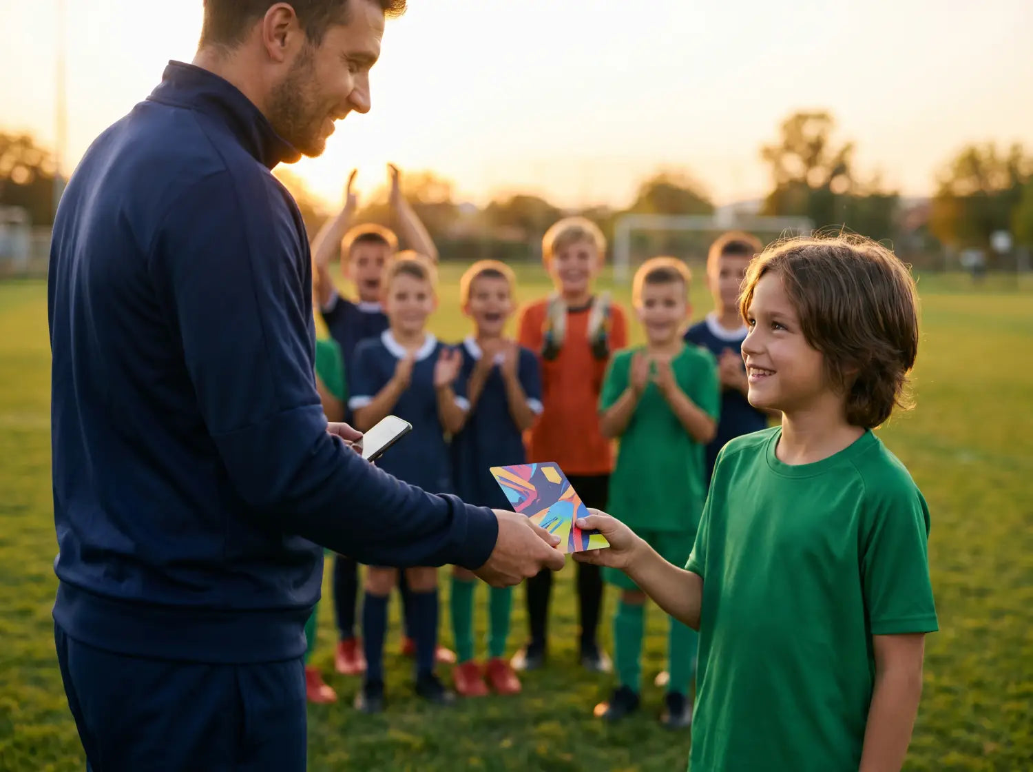 Coach remettant une carte de joueur à un enfant lors de la cérémonie de fin de saison