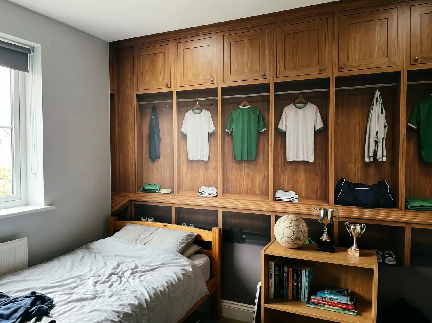 Chambre d'adolescent décorée avec un papier peint panoramique imitant un vestiaire de foot