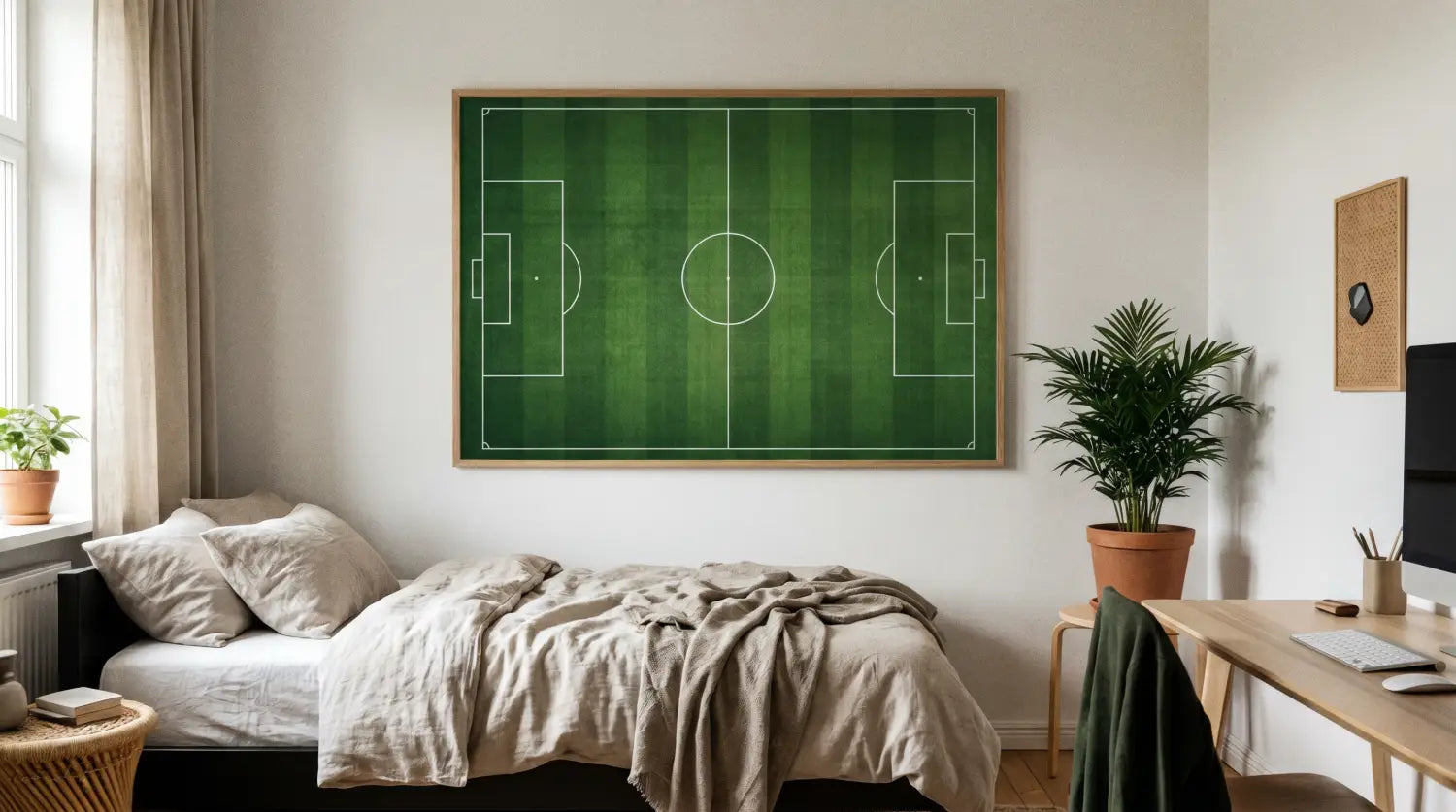 Poster vue aérienne d'un terrain de foot accroché dans une chambre déco