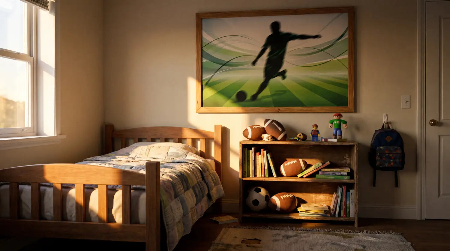 Affiche foot personnalisée avec prénom et numéro accrochée dans une chambre d'enfant