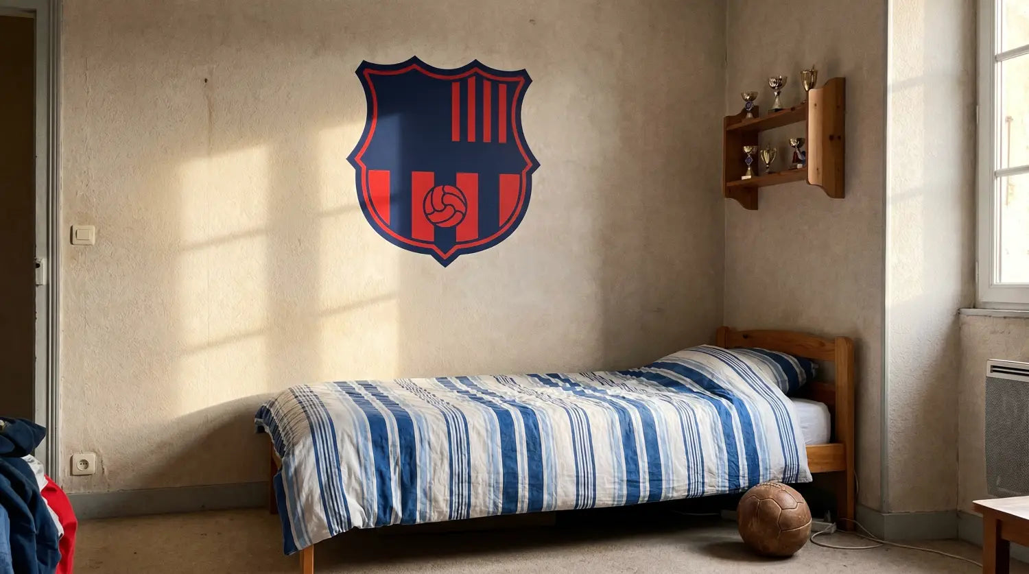 Sticker déco aux couleurs d'un club de foot posé au-dessus d'un lit dans une chambre d'enfant