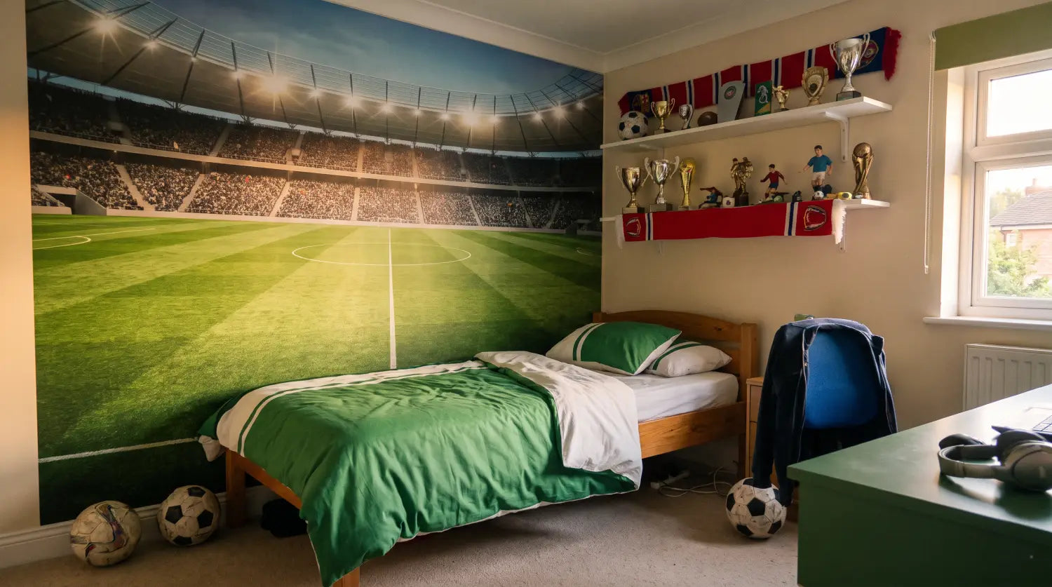 Chambre d'adolescent relookée sur le thème du football avec papier peint terrain de stade