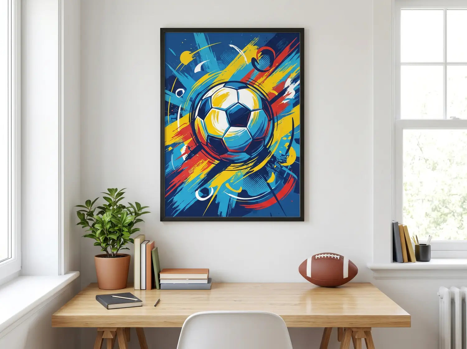 Affiche déco football motivante encadrée au-dessus d'un bureau d'adolescent