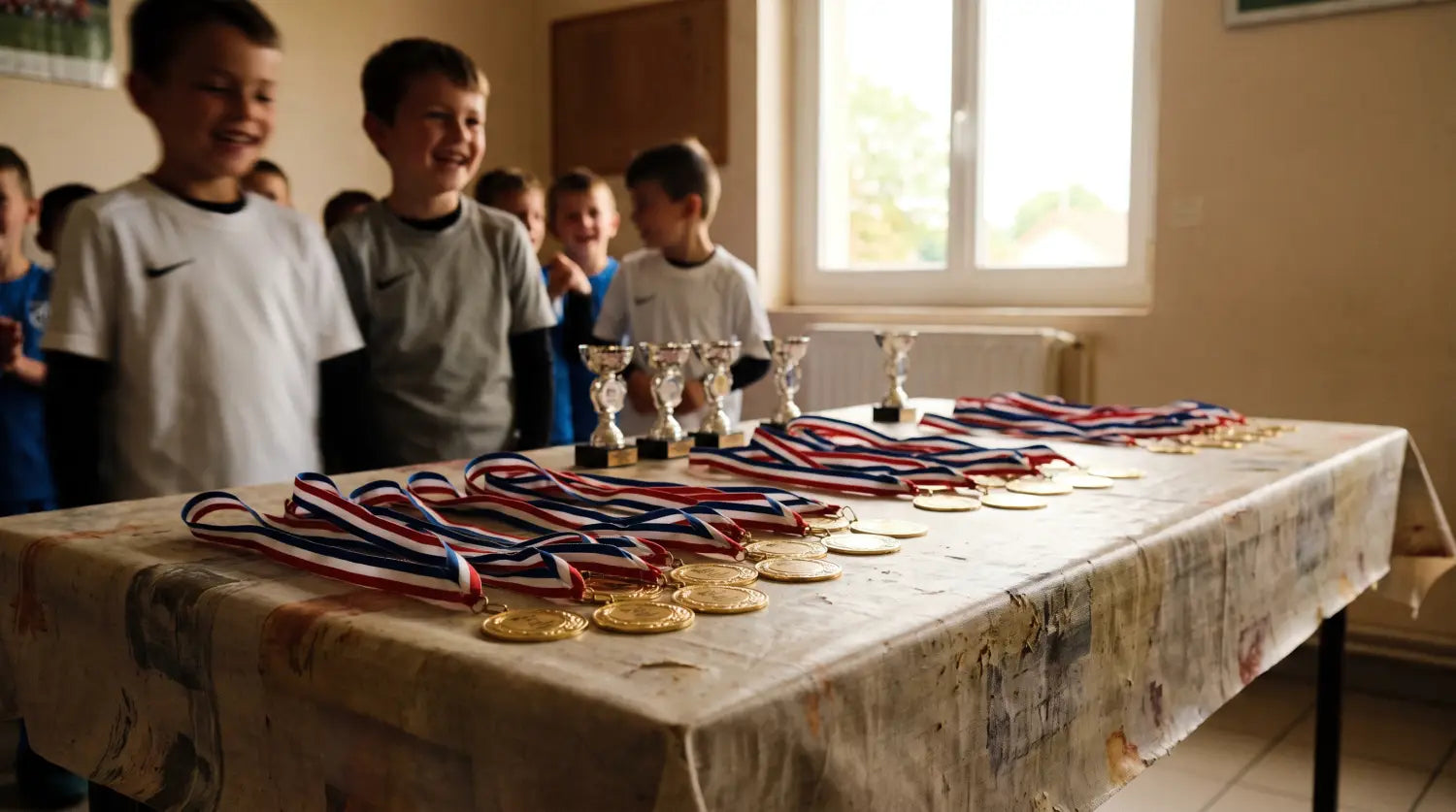 Table de remise des récompenses de fin de saison d'un club de foot amateur avec médailles et trophées