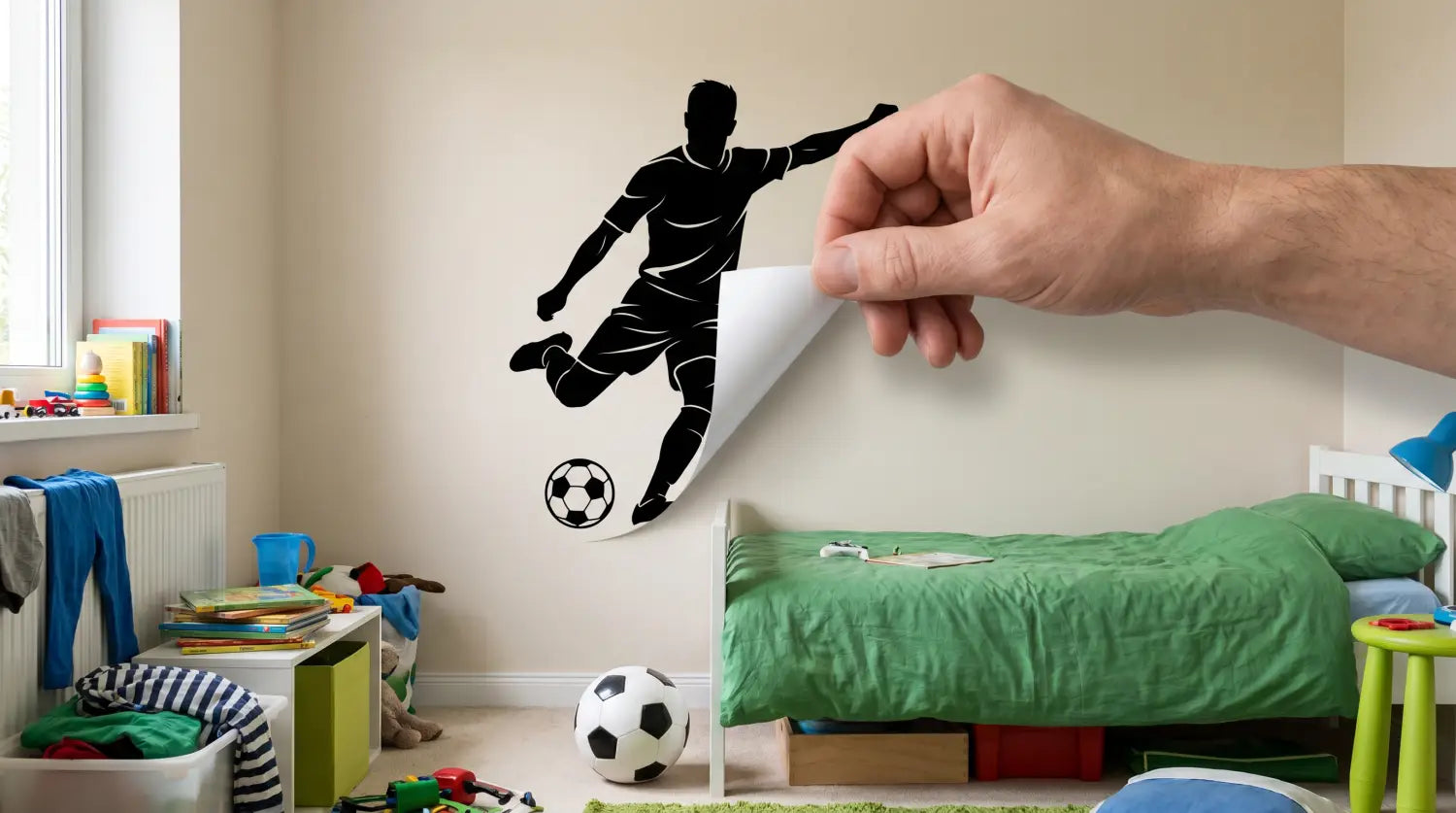 Main décollant délicatement le coin d'un sticker mural de footballeur dans une chambre d'enfant
