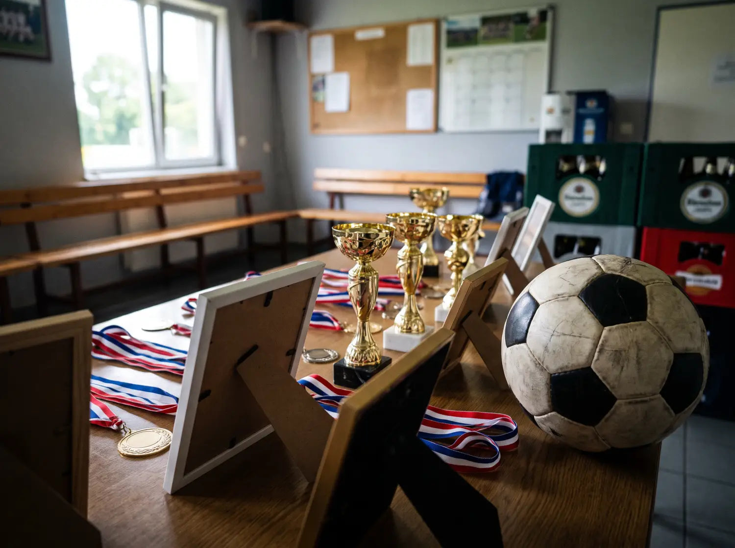Trophées, médailles et cadres prêts pour la cérémonie de fin de saison du club de football