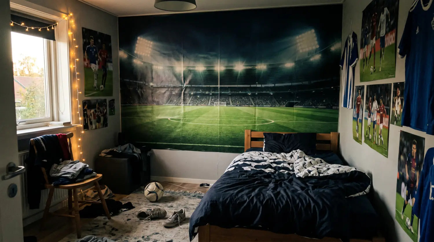 Chambre d'ado en cours d'aménagement avec un papier peint panoramique de stade de foot