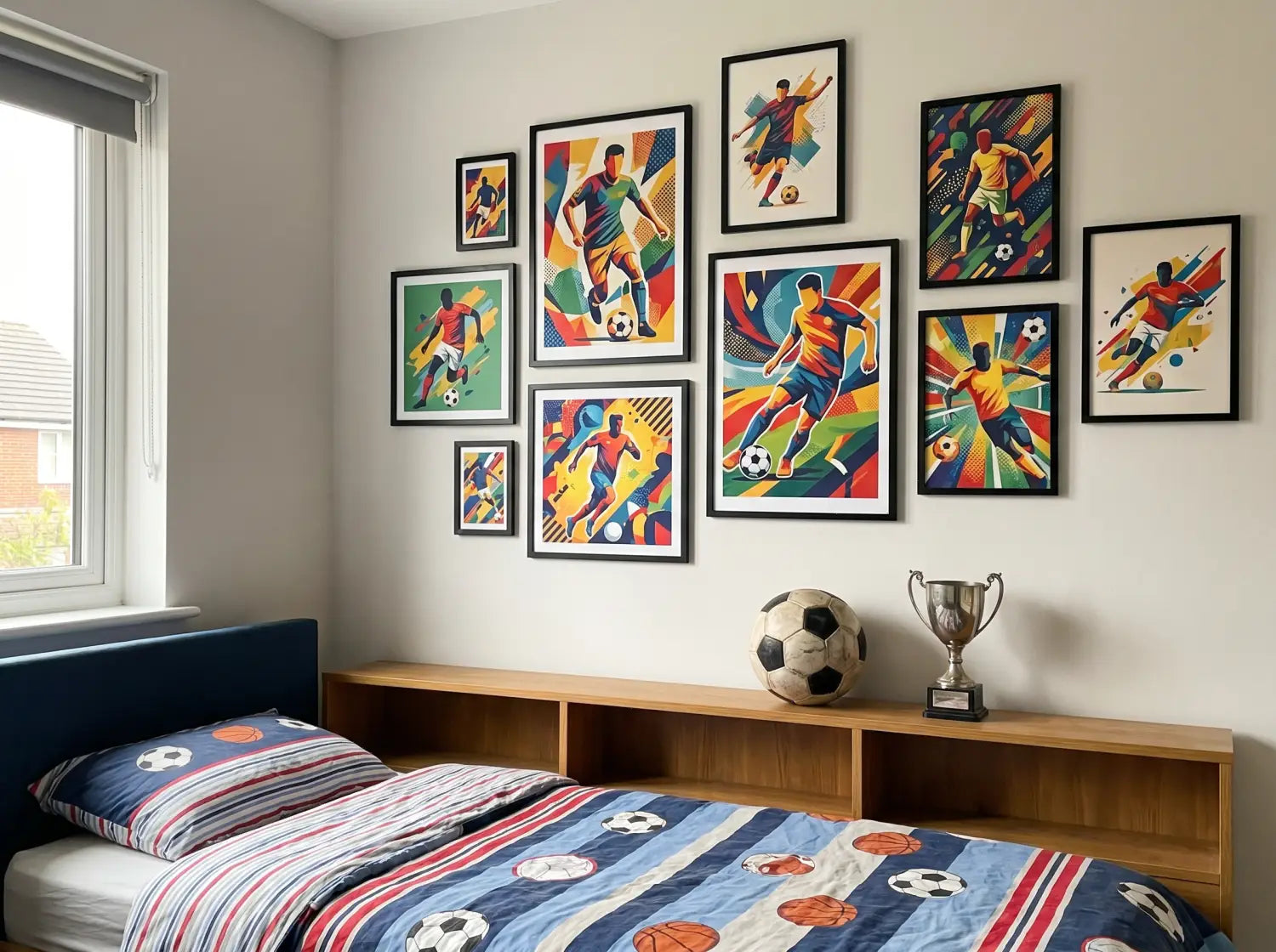 Gallery wall d'affiches football motivantes dans une chambre d'enfant fan de foot