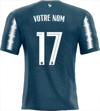 Dos d un maillot équipe de france d entraînement bleu sarcelle avec numéro blanc 17 et bandes réfléchissantes argentées