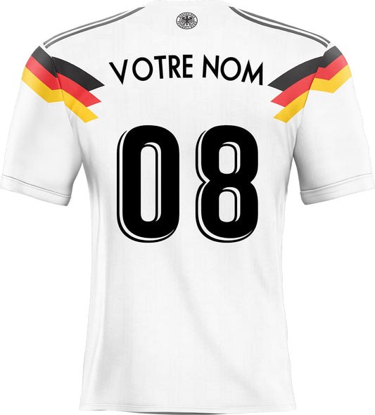 Dos du maillot allemagne 1990 blanc avec bandes noirs rouge jaune et nom personnalisable sticker foot maillot