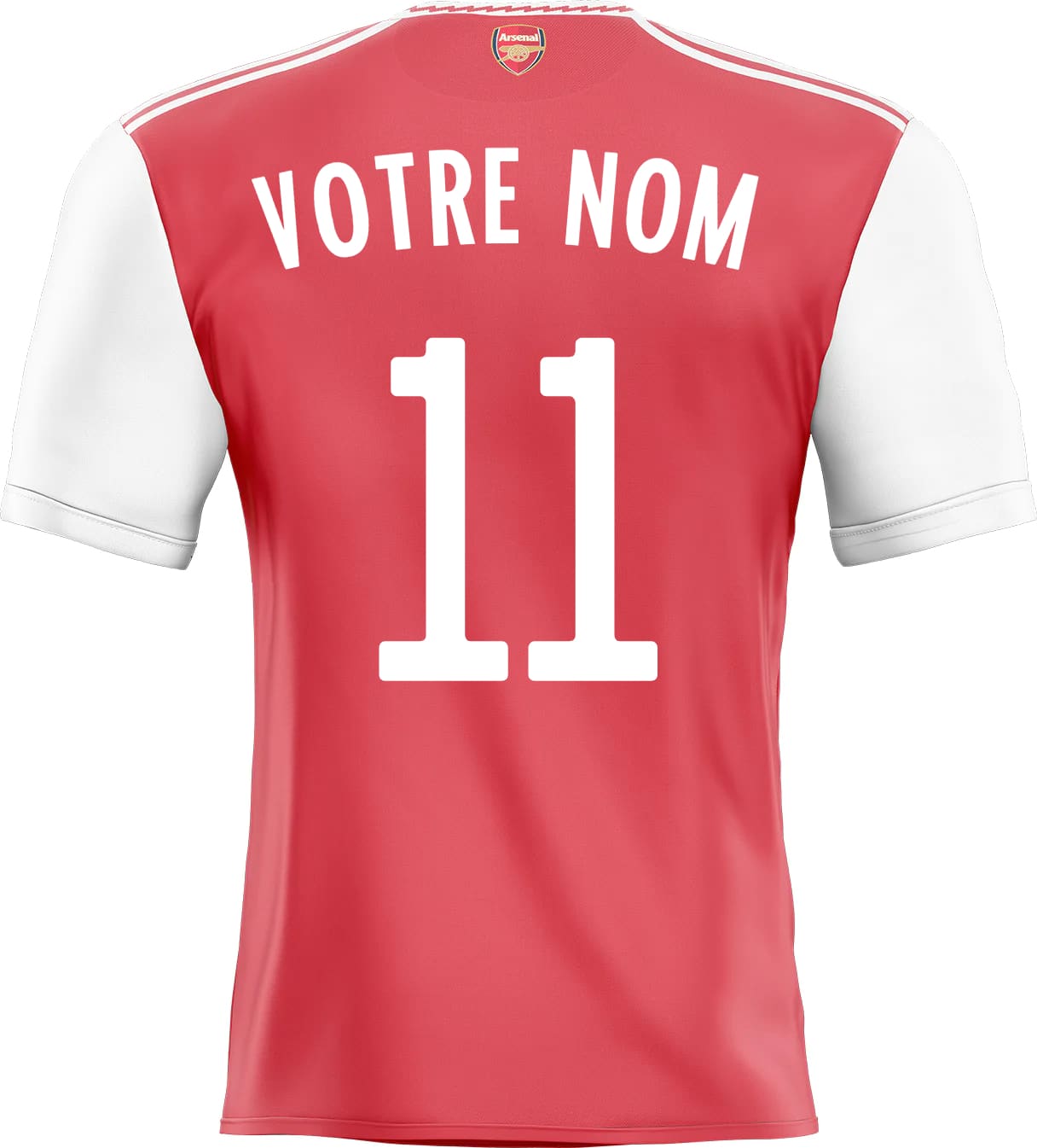 Vue arrière d un sticker foot maillot arsenal rouge et blanc avec votre nom et le numéro 11 en lettres blanches