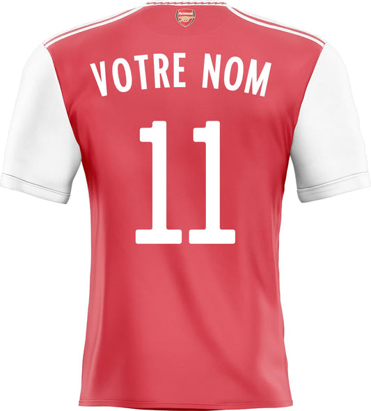 Vue arrière d un sticker foot maillot arsenal rouge et blanc avec votre nom et le numéro 11 en lettres blanches