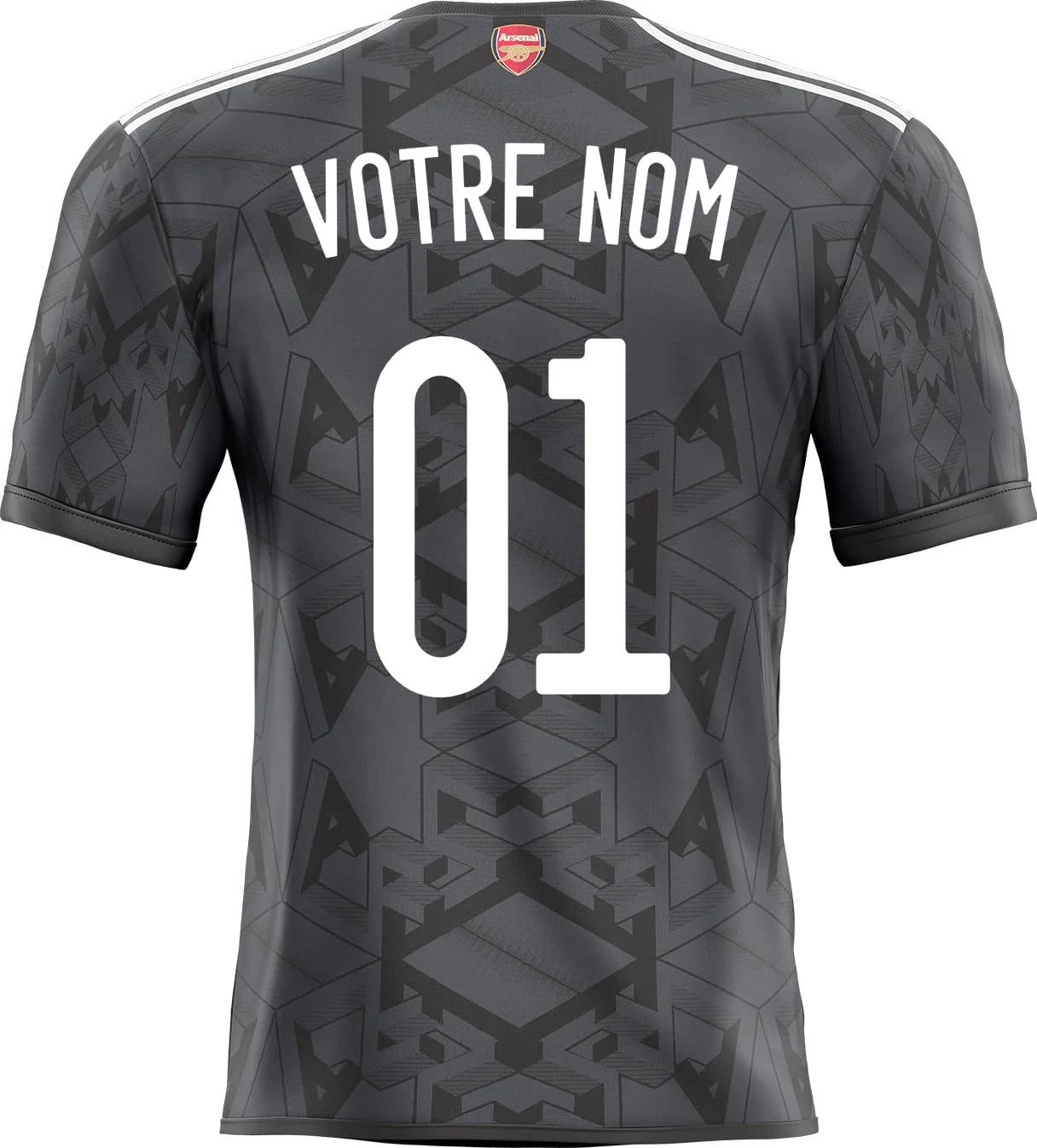 Vue arrière du maillot arsenal extérieur noir avec motif géométrique, nom votre nom blanc 01 et sticker déco orange sticker foot maillot