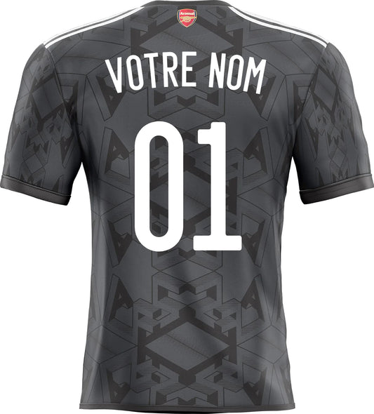 Vue arrière du maillot arsenal extérieur noir avec motif géométrique, nom votre nom blanc 01 et sticker déco orange sticker foot maillot