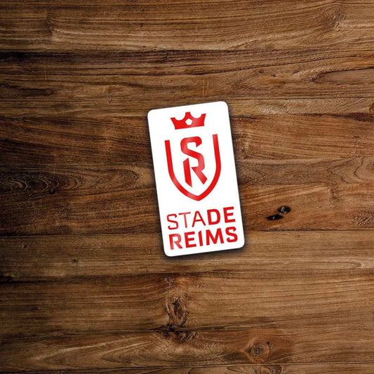 Autocollant rectangulaire blanc avec un logo et un texte en forme de bouclier rouge.
