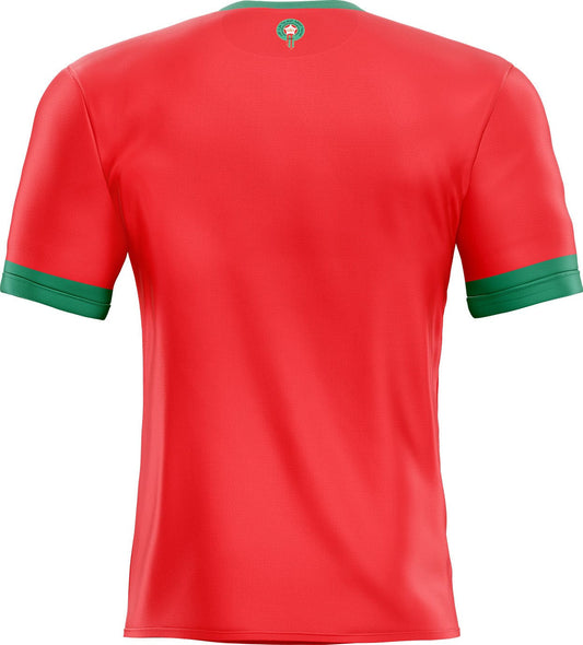 Maillot équipe maroc rouge à manches courtes avec bordures vertes et petit emblem brodé pour papier peint football