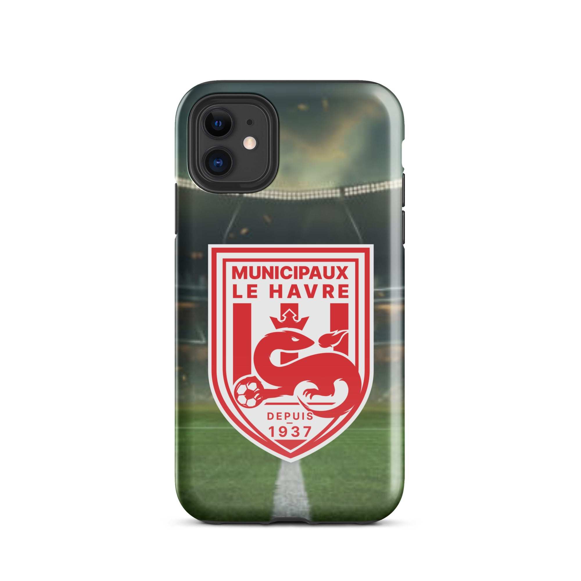 Étui pour iPhone avec un stade de football et le logo de l’équipe