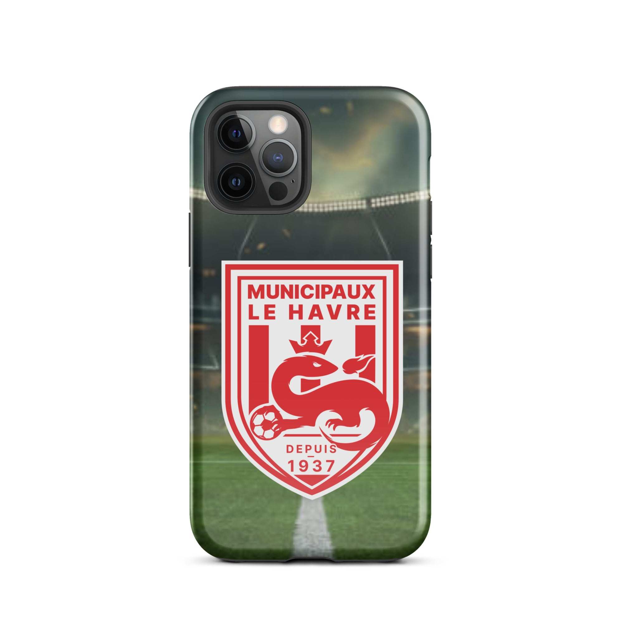 Étui pour iPhone avec un stade de football et le logo de l’équipe