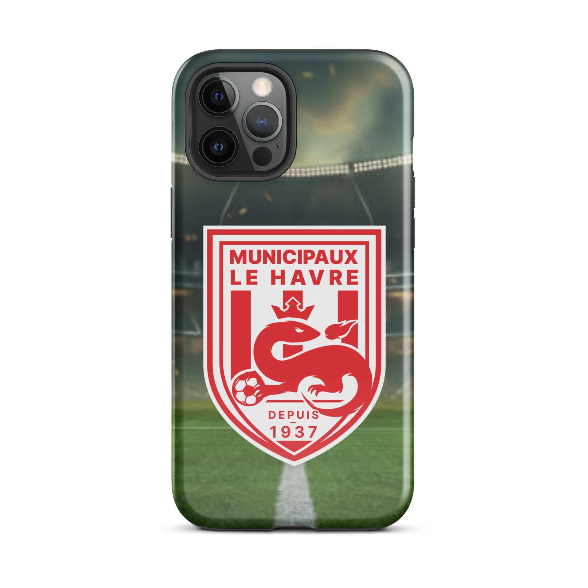 Un iPhone avec une coque sur le thème du football.
