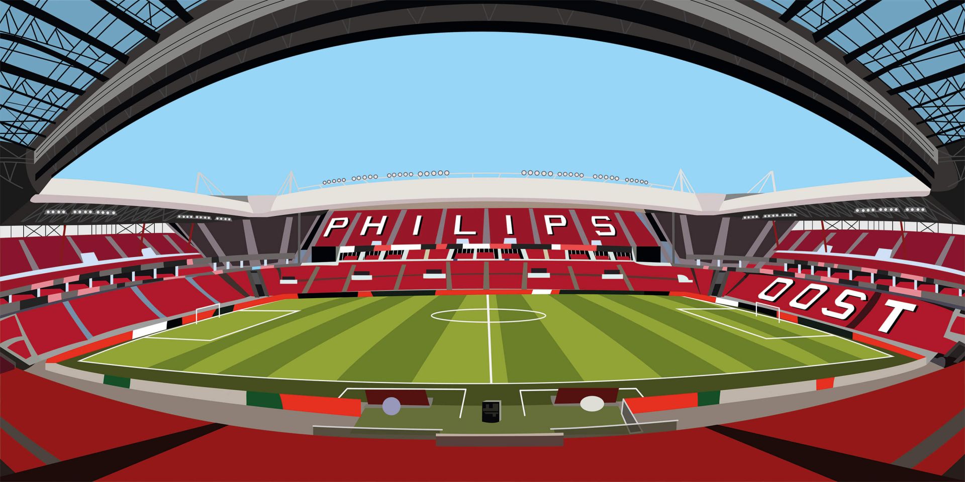 Stade de football rouge et blanc avec toit courbé, logo Philips affiché de manière proéminente sur le terrain.