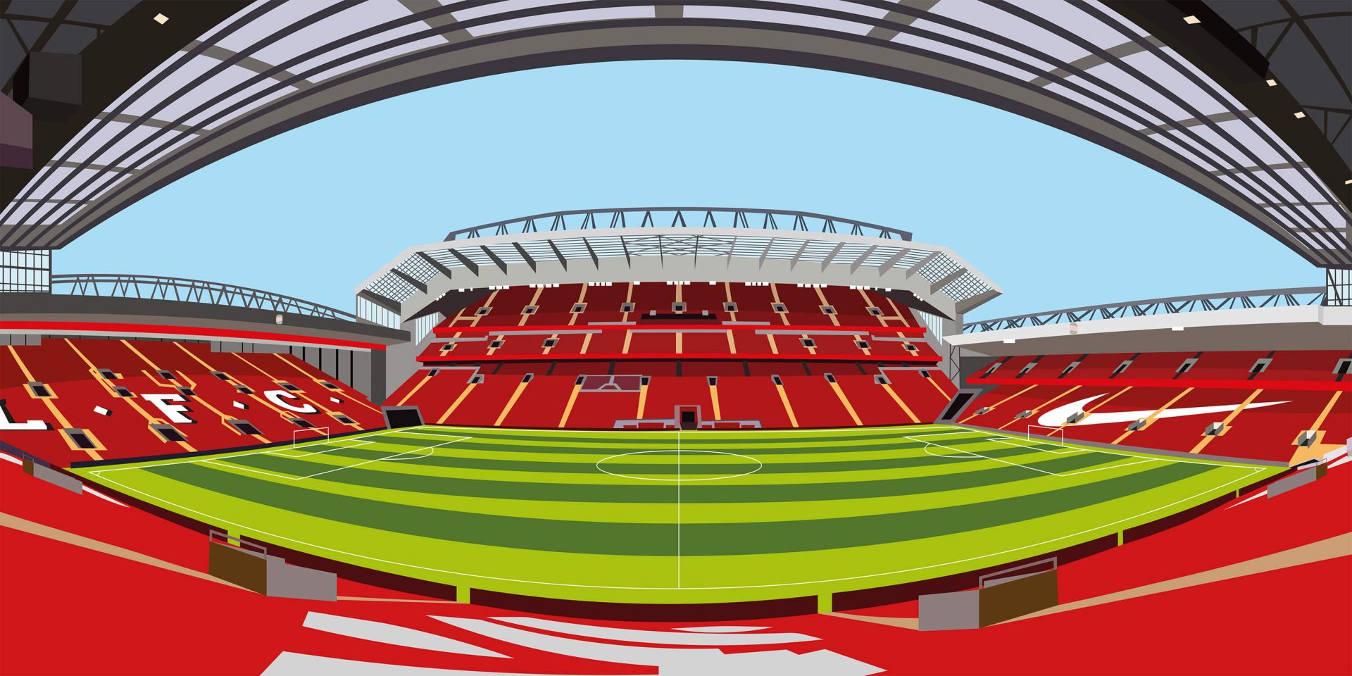 Stade de football rouge et vert avec un design de toit courbé, logo de la marque populaire Liverpool FC.