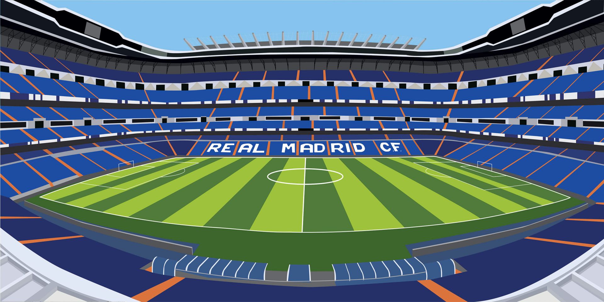 Stade bleu et blanc avec terrain vert, logo du Real Madrid CF.
