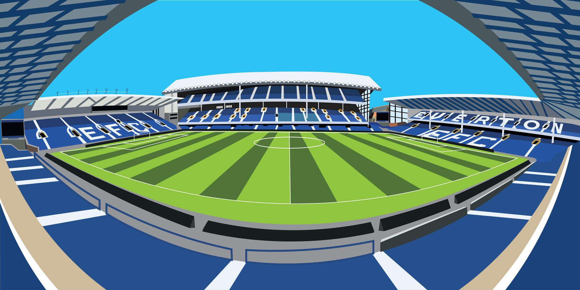 Terrain de football vert avec des lignes blanches et des sièges de stade bleus.