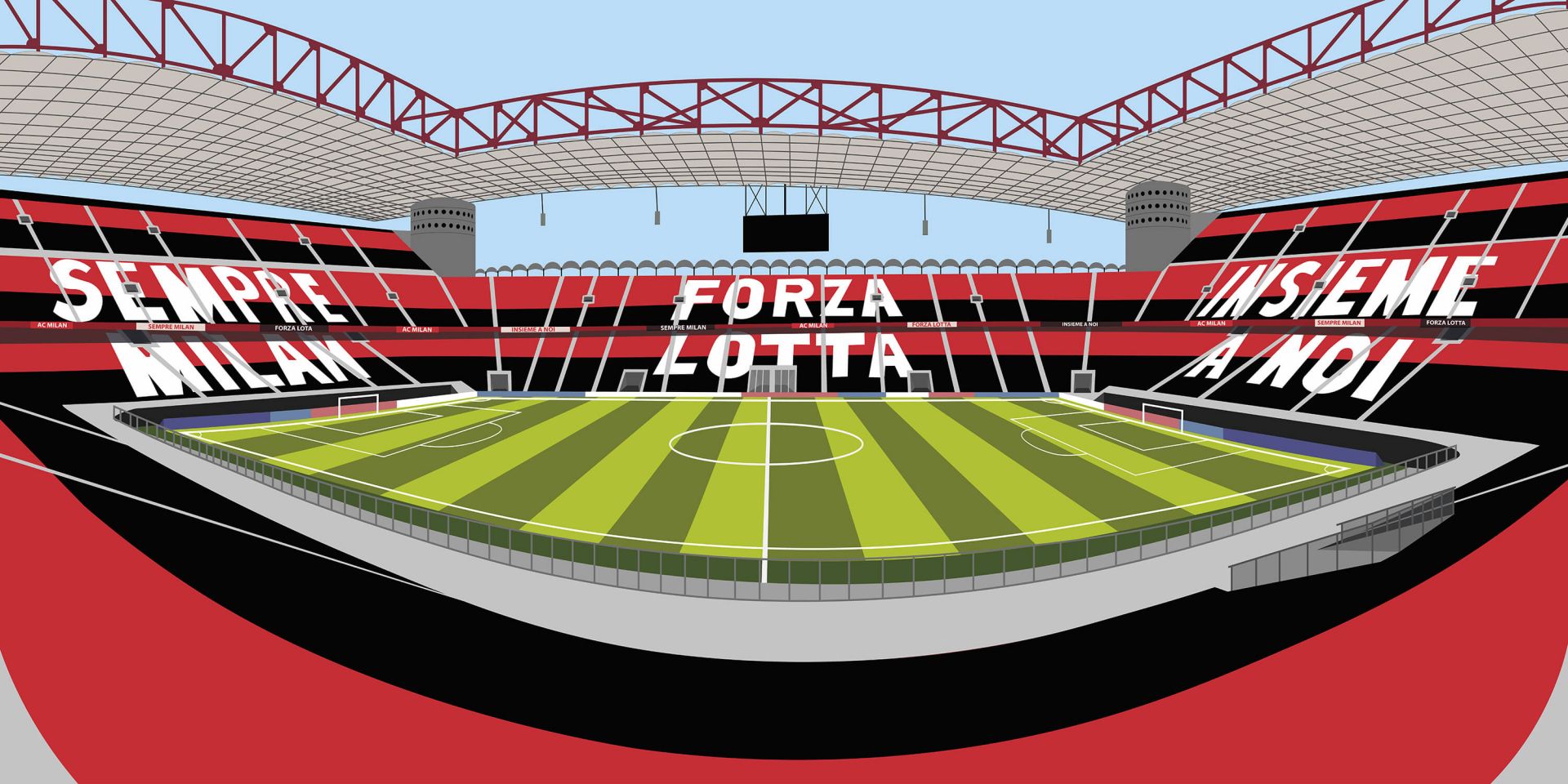 Stade de football rayé rouge et noir avec du texte blanc sur les sièges.